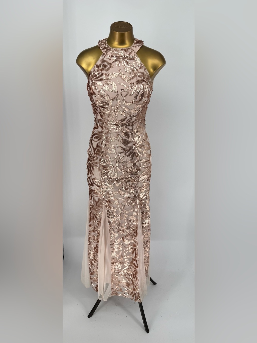 Morgan & Co. Rose Gold Sequin Halter Formal Gown Open Back Size 1